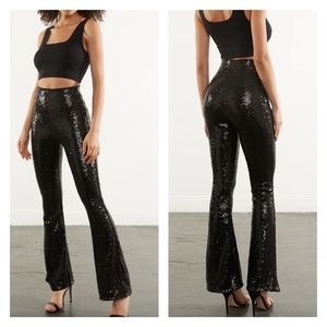COMMANDO | Black Sequin Pull On Flare Pants Smoothing High Rise
